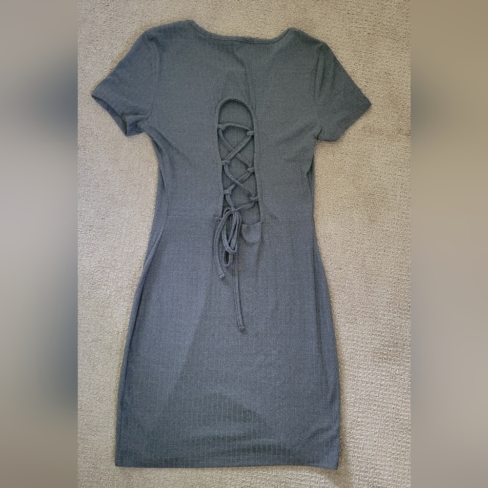 Hearts Collective Grey Ribbed Knit Lace Up Back Casual Dress - Picture 7 of 8
